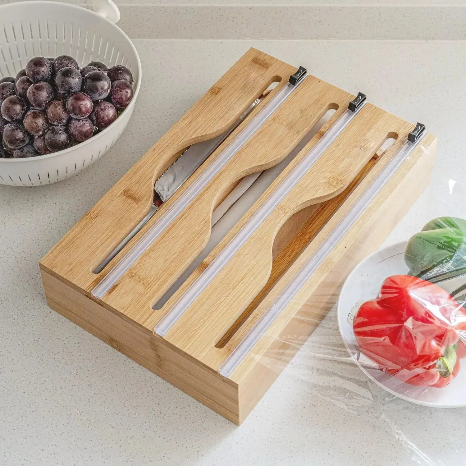 1pc Cling Film Cutter Minimalist Wall Mounted Bamboo Kitchenware Multi Compartment Multi Layer Hidden Scratchers Two Way Cutter