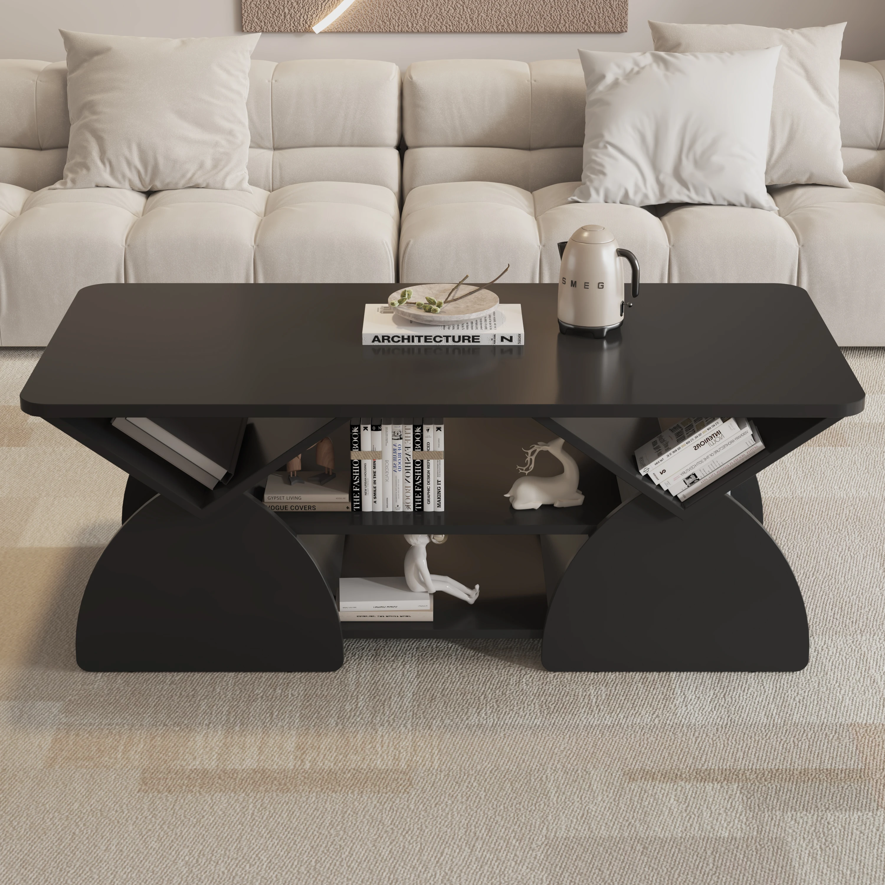 

Engineered wood rounded corner rectangular coffee table for living room, easy assembly storage table with open shelves sturdy frame for Reception Room, Modern Coffee Table Geometric Design BLACK