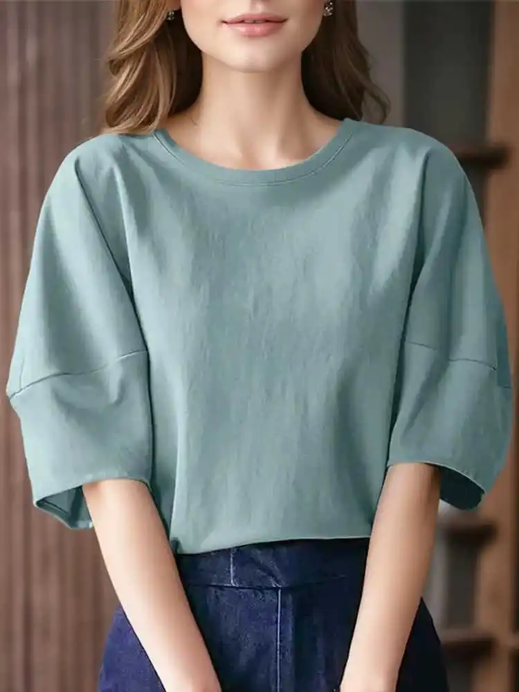 ZANZEA Women Puff Half Sleeve Blouse Elegant Basic Round Neck Tops Blusas 2024 Summer Solid Holiday Shirts Casual Loose Tunics