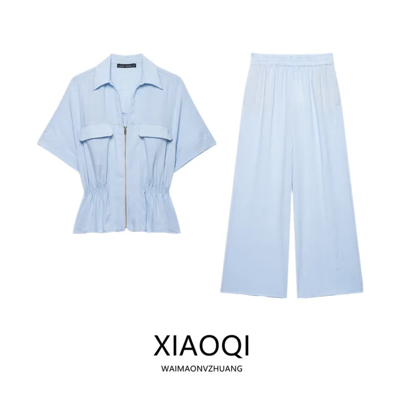 2026 Early Autumn New Women's Zipper Short Sleeve Collared Shirt High Waist Pants Fashionable Casual Wear High Quality Fabric