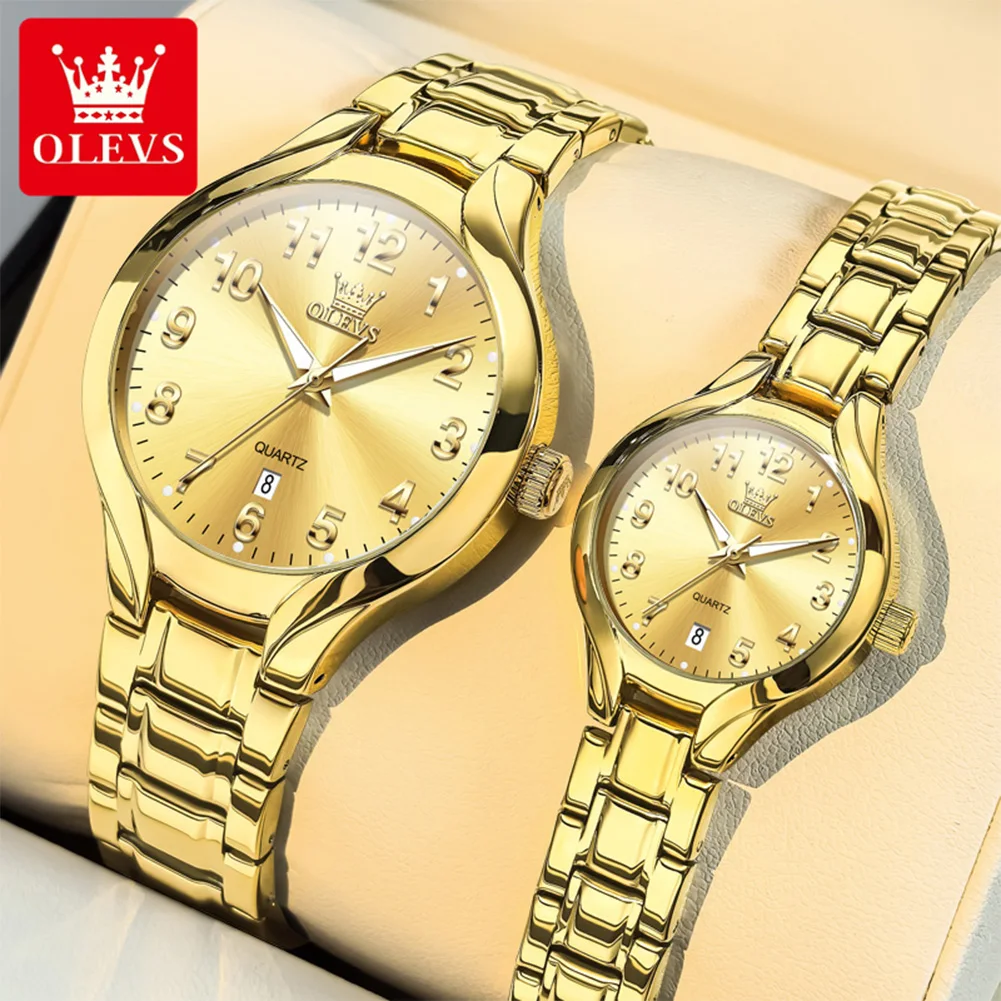 OLEVS 3650 Couple Watch Elegant Simple Digital Date Waterproof Watch Luxury Business Lover Gift for Him Her Gold Couple Watch