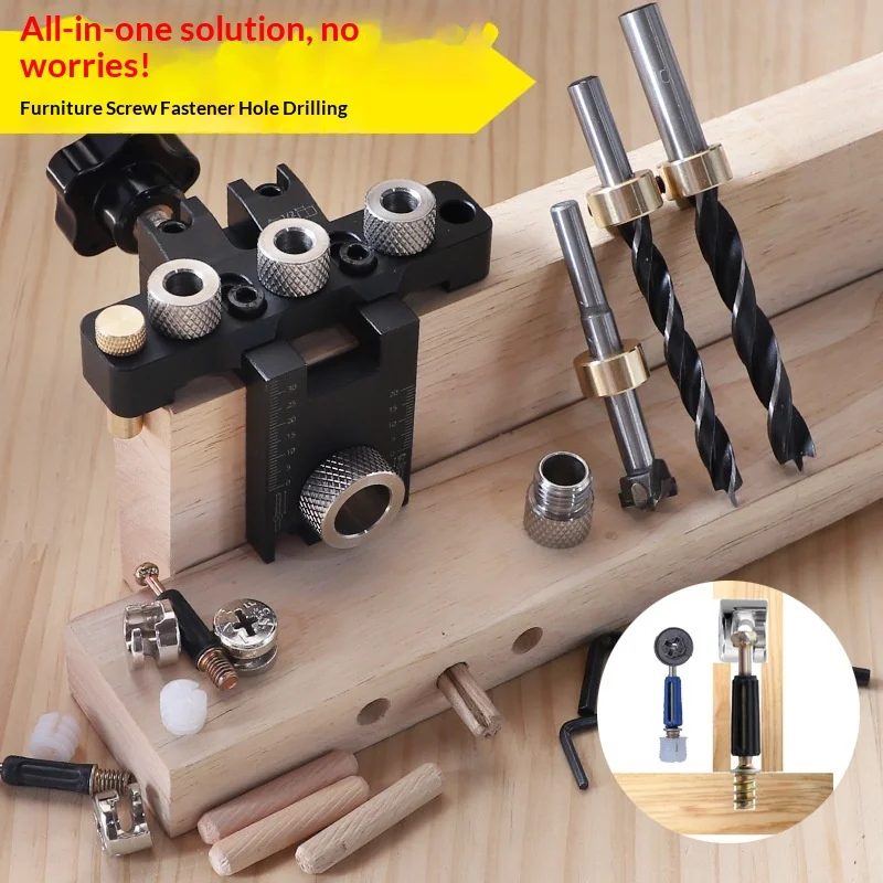 3-in-1 Hole Punch 15mm Eccentric Wheel Connector Wooden Tip Hole Punching Positioner Round Wood Tenon Furniture Plate Splicing