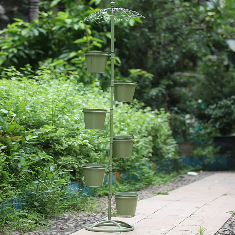 American Style Tiered Plant Stand Iron Umbrella Flower Holder Multi-Level Balcony Garden Rack Rust-Proof Outdoor Decor for Pots