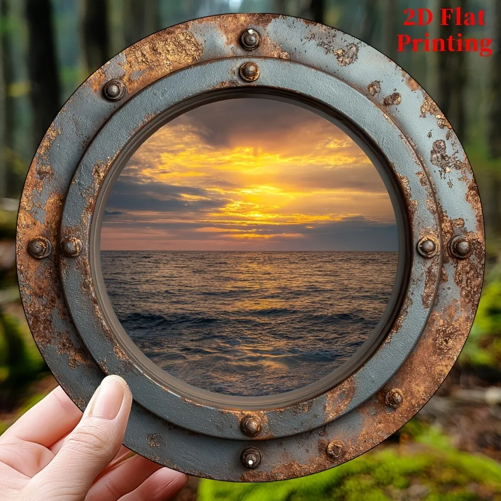 Wooden Rustic Porthole Wall Art 2D Flat Printing Sign Vintage Nautical Metal Look Round Plaque Ocean Sea Sunset View Beach Marin