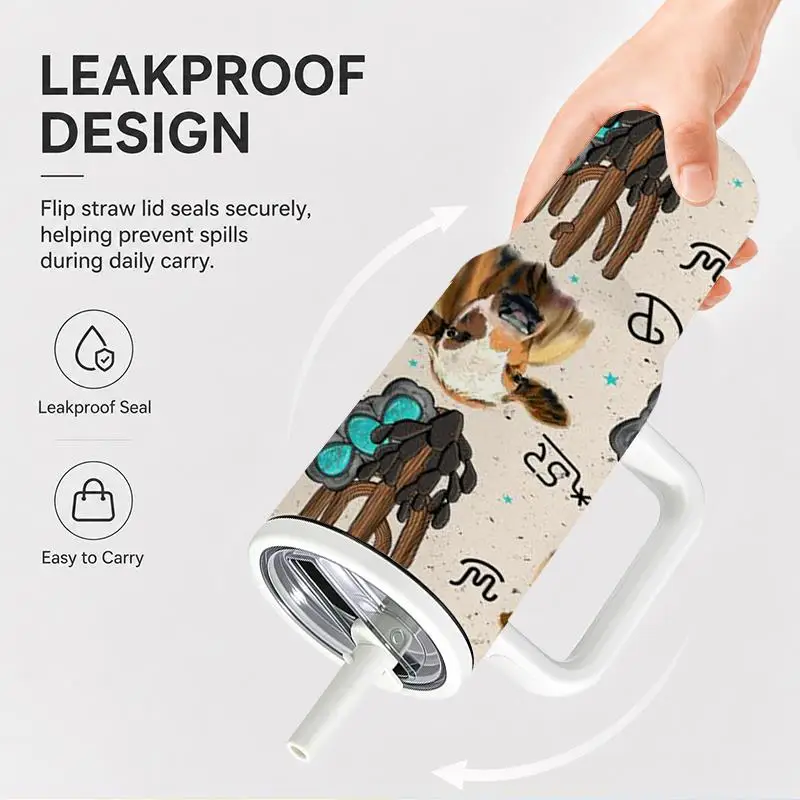 1pc 40oz 304 Stainless Steel Hand-held Cup Western Cowboy Cactus Cow Print Insulated Tumbler with Handle And Straw for Outdoor Camping Travel Office Home Suitable Gifts for Halloween Christmas And Other Special Festivals