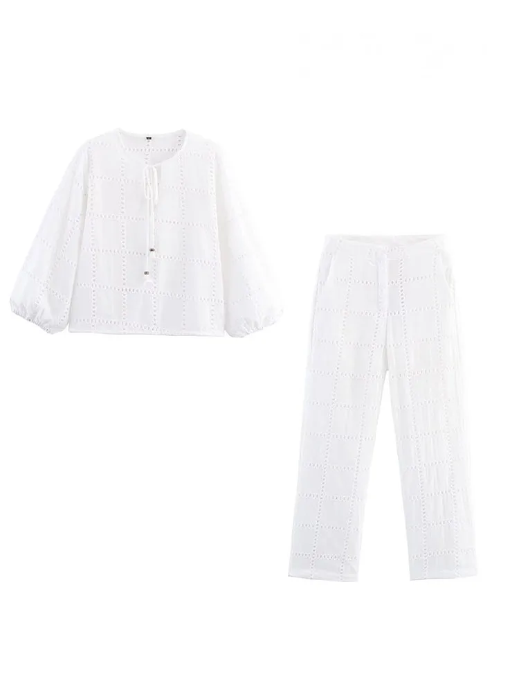 

HH женский элегантный однотонный белый комплект из 2 предметов с вышивкой, рубашка с длинными рукавами + тонкие брюки с карманами на молнии и высокой талией