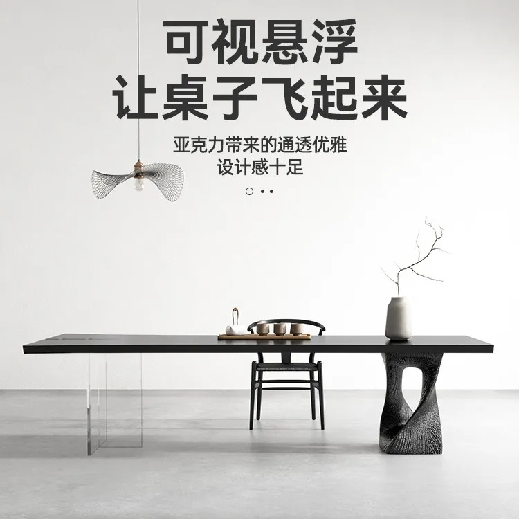 All solid wood tea table, ash wood carbonized black large board, wabi-sabi wind tea room creative negotiation reception tea tabl