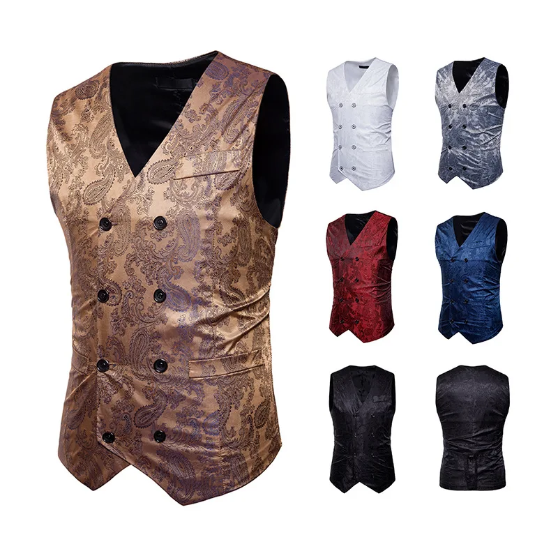 

New Hollow Out Fashionable Men's Color Blocking Gentlemen's Formal Wear Casual Printed Vest Jacket