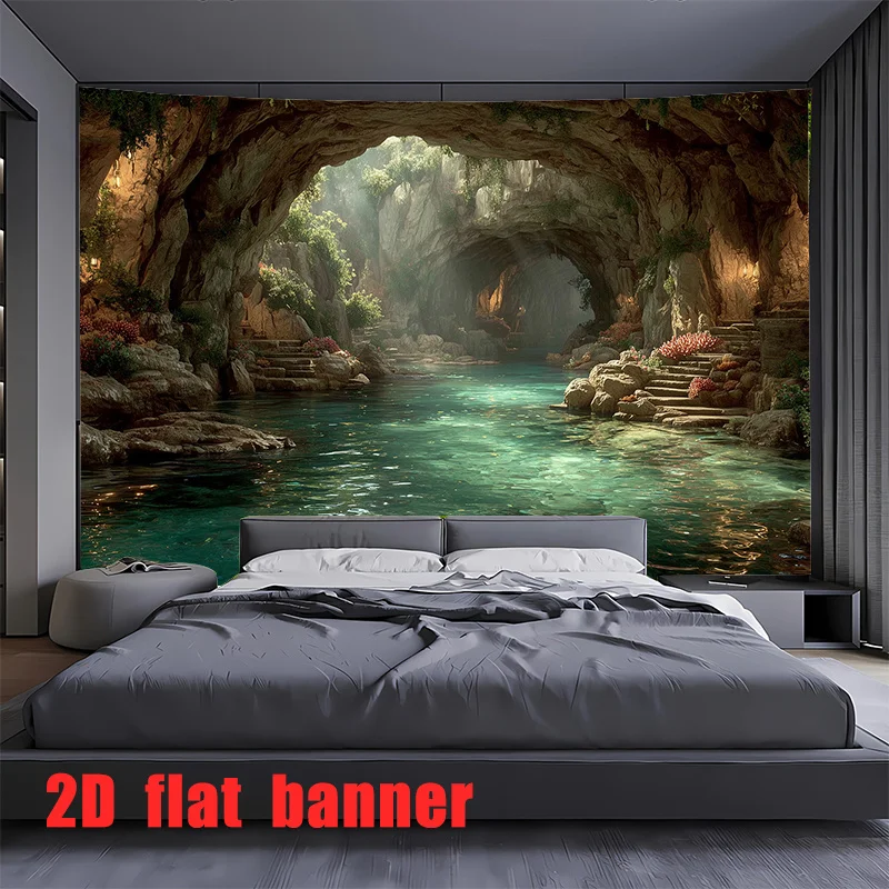Cave River Landscape Green Water Sunlight Rock Tunnel Nature Wall Banner Home Decor Interior Design Living Room Art Print