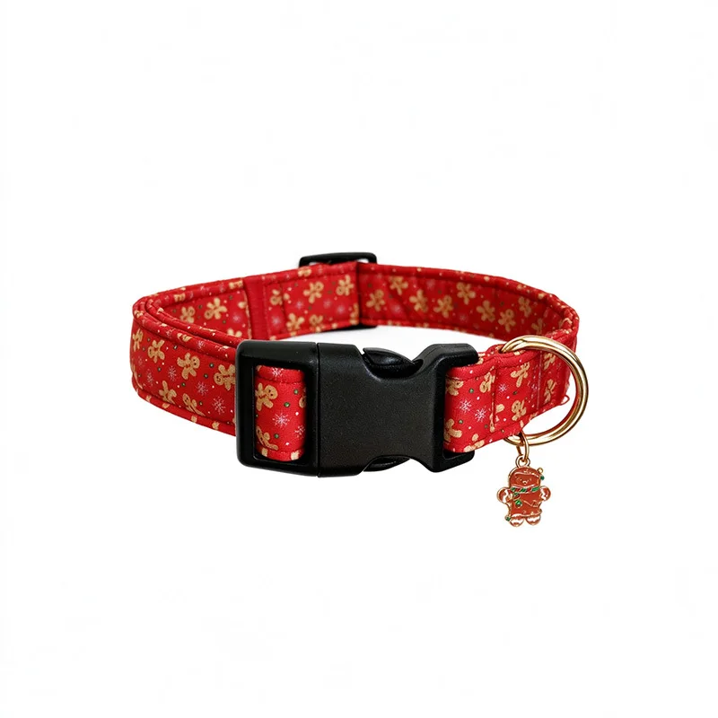 Christmas Dog Cat Collar Red Gingerbread Print Adjustable Pet Collar with Charm Quick Release Buckle for Small Medium Dogs Cats