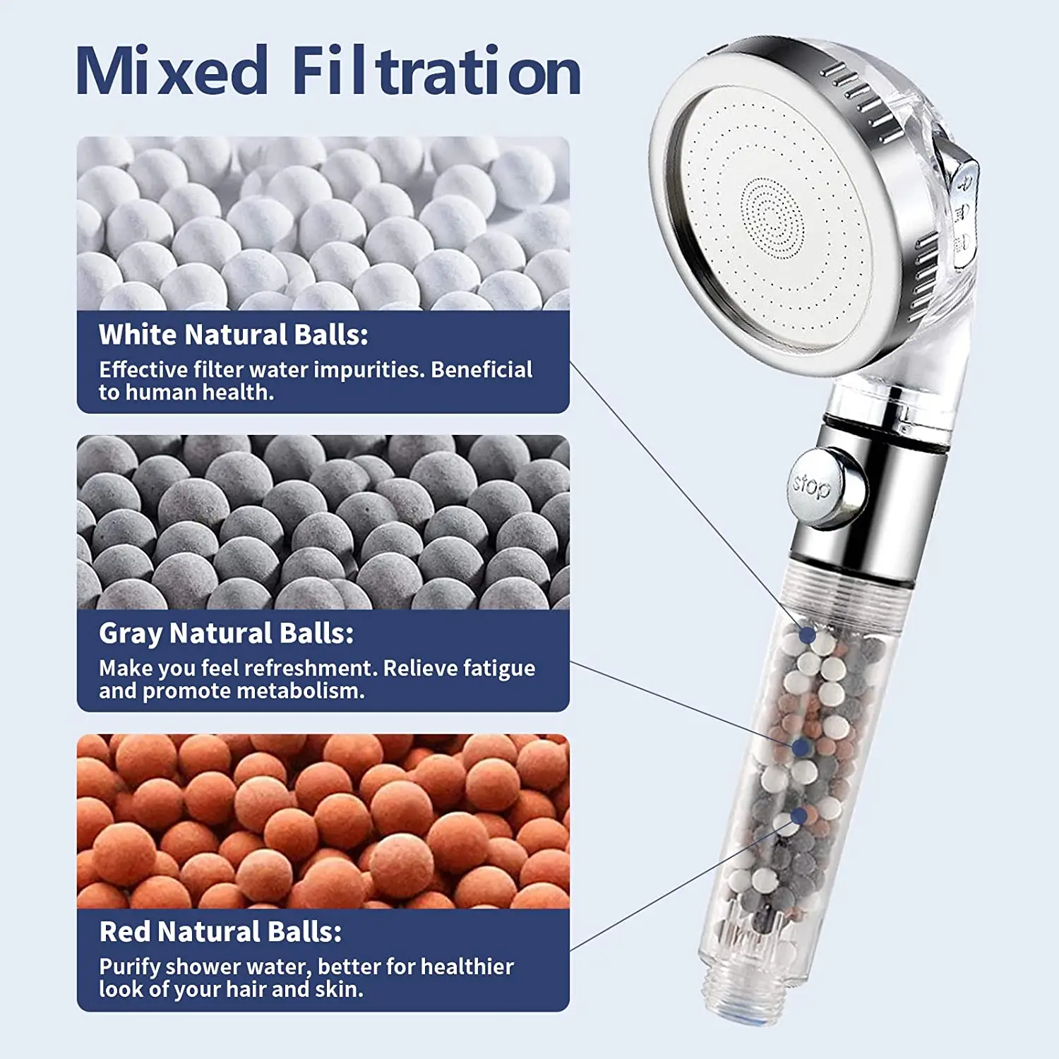 Mineral Balls 3 Modes High Pressure Shower Head with On/Off Switch Filter Water Saving Handheld Showerheads Bathroom Accessories