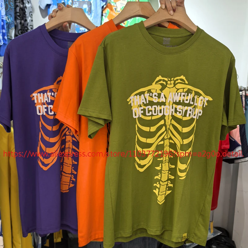American Trend THAT'S A AWFUL LOT OF COUGH SYRUP T-shirt Hip-hop Streetwear Logo Skeleton Print Short Sleeve Tee