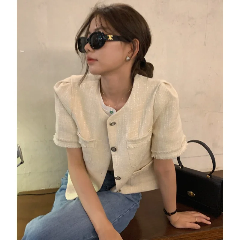 Moda coreana retrò girocollo bottone monopetto tinta unita 2025 Novità in giacche corte casual a maniche corte estive