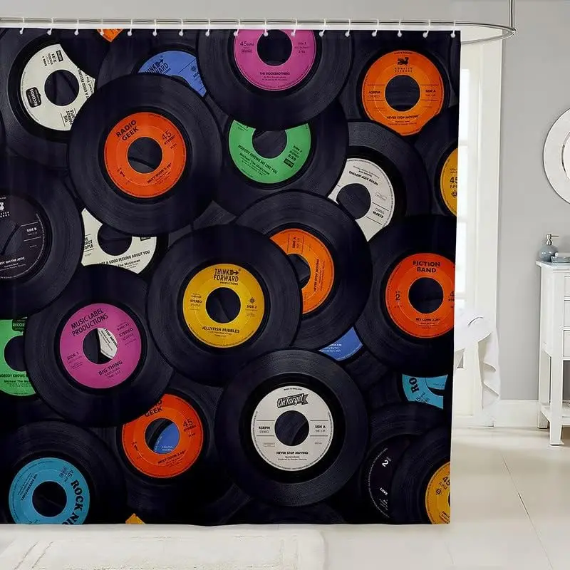 

Vinyl Record Shower Curtain Music Theme Retro Design Black Colorful Labels Decor Bathroom Linen160x200