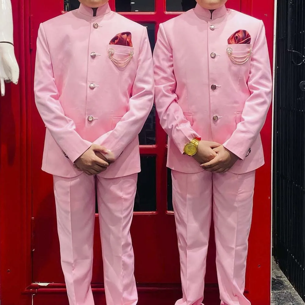 

Формальный розовый мужской костюм, однобортный пиджак с лацканами-стойкой, приталенный пиджак высокого качества, комплекты из двух предметов, куртка и брюки, костюм Homme