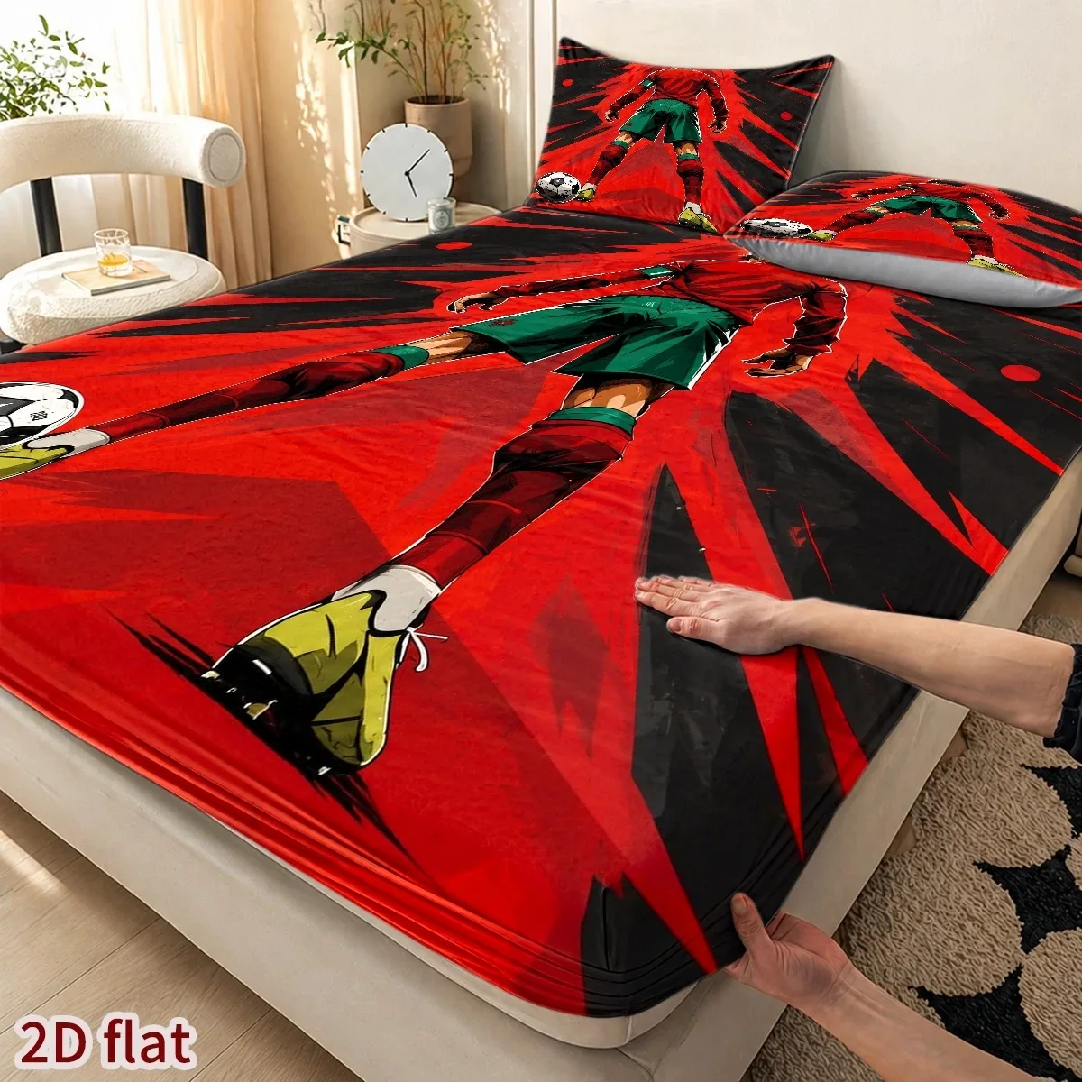 Football Player Silhouette Theme 3-Piece Mattress Protector Set 2D Flat Print Fitted Sheet Four-Season Fitted Sheet Set Home Bedroom Decoration Holiday-Themed Fitted Sheet and Pillowcase Mattress Protector, Stain-Resistant Mattress Cover, Suitable for All Seasons, Machine Washable, Easy to Care For, Dust-Proof and Dirt-Resistant, High Elasticity, Fits Various Sizes