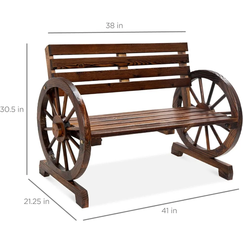 Wooden Wagon Wheel Bench for Backyard, Porch, Garden, Outdoor Lounge Furniture W/Rustic Country Design, Brown Patio Benches