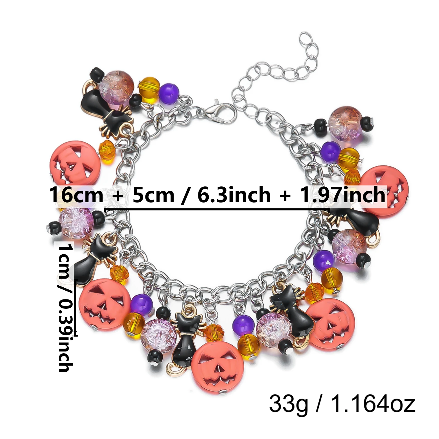 Halloween Multi-Element Kürbis-Geist-Anhänger Armband für Damen und Herren, Schwarze Katze Totenkopf Metallketten-Armband, Festival Schmuck Geschenk – Detail 9