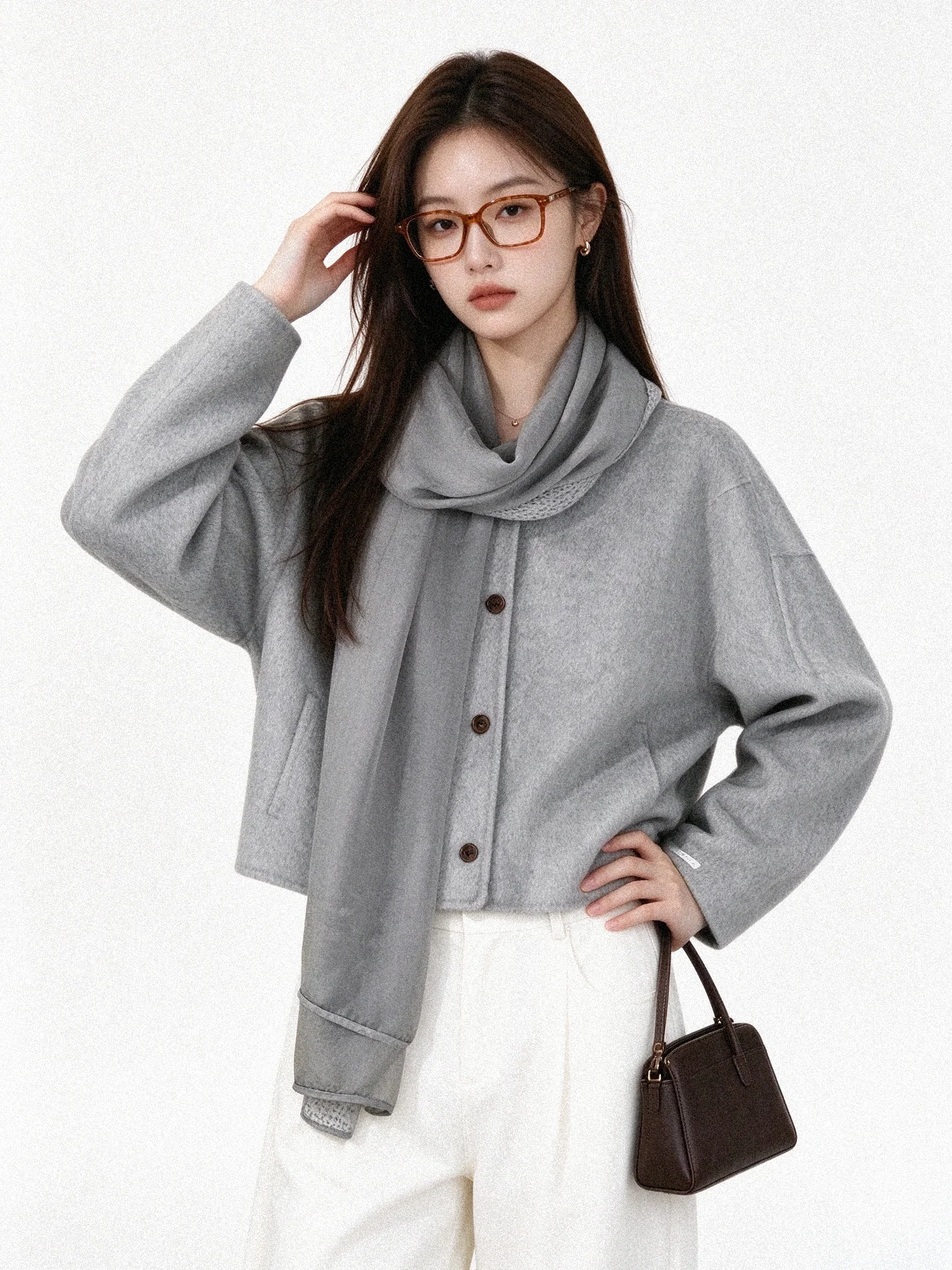 Double-Faced Woolen Short Jacket Coat Casual Style Long Sleeve round Neck Open-Style Warmth Young Women's Fashion Outerwear