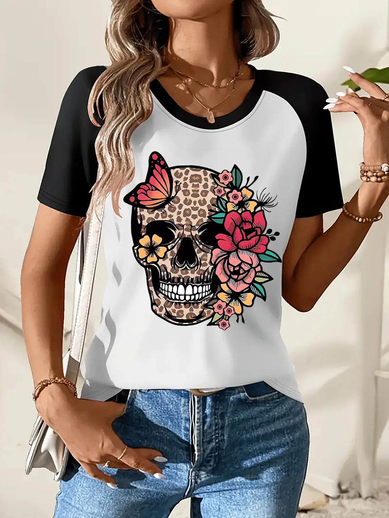 Fashionable Black and White Split Women's T-Shirt Featuring Leopard Skull and Floral Designs Print T Shirt Outfit Clothes Female