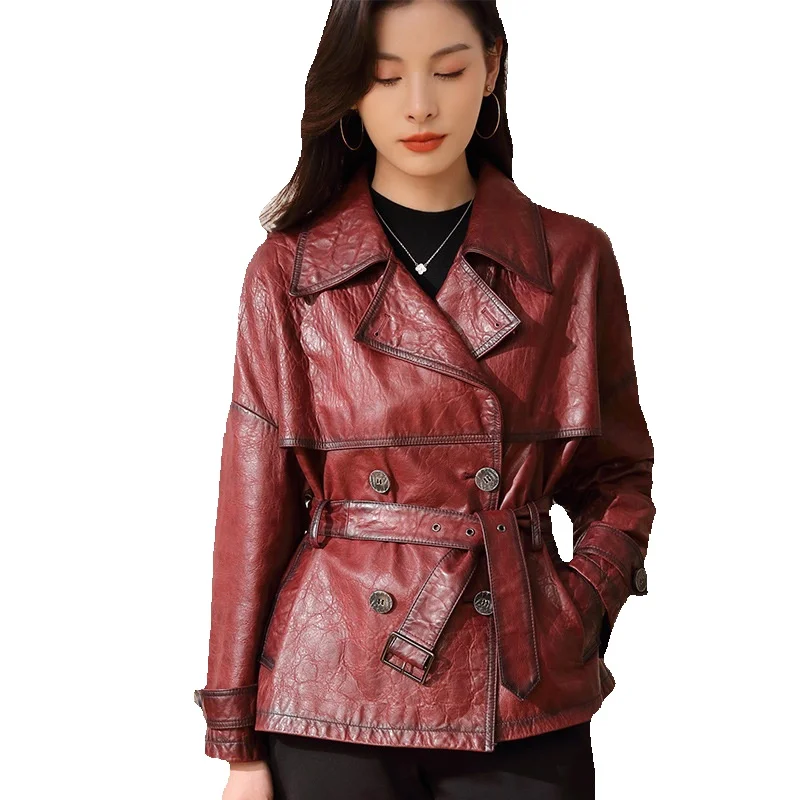 Long Leather Windbreaker, Women's Genuine Leather Jacket, New Suit Collar, Waistband, Oil Wax Wool Sheepskin Jacket