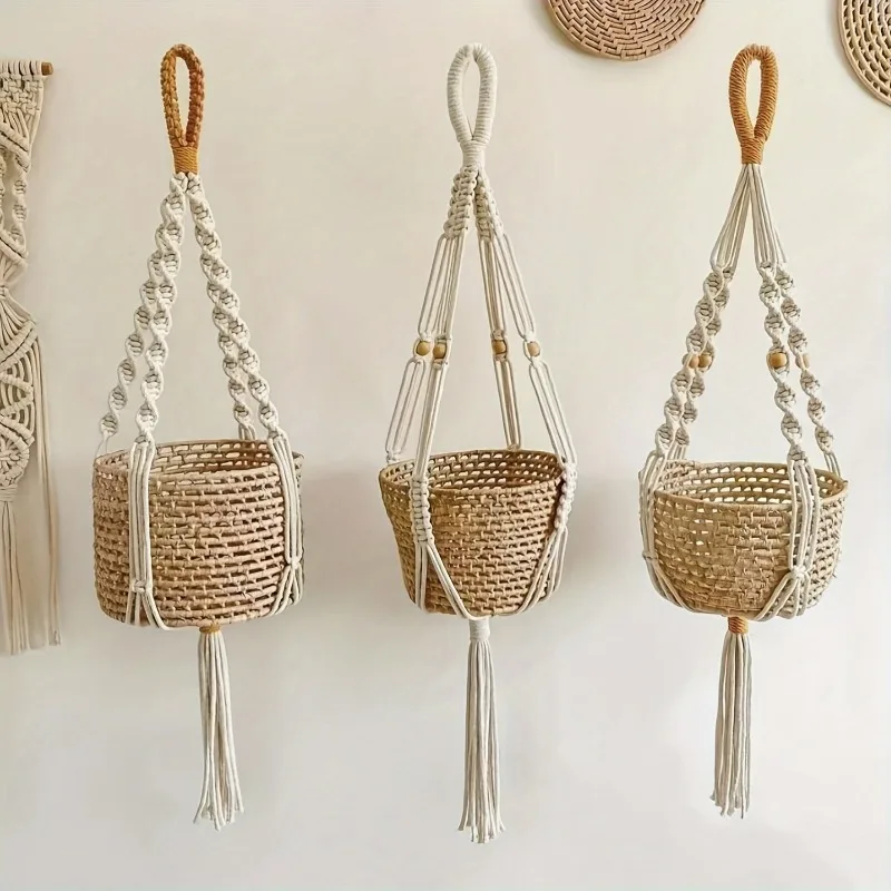 Bohemian Macrame Hanging Planter Basket Storage Net Handwoven Cotton Rope Wall Decor for Plants Garden Wall Net Bag