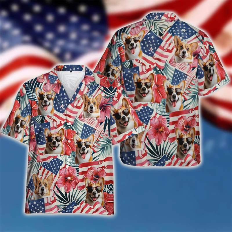 Fashion USA Flag Pet Dog Graphic Shirts For Men Clothes Lover Yorkshire Terrier Lapel Blouse Hawaii Vacation Patriotic Corgi Top