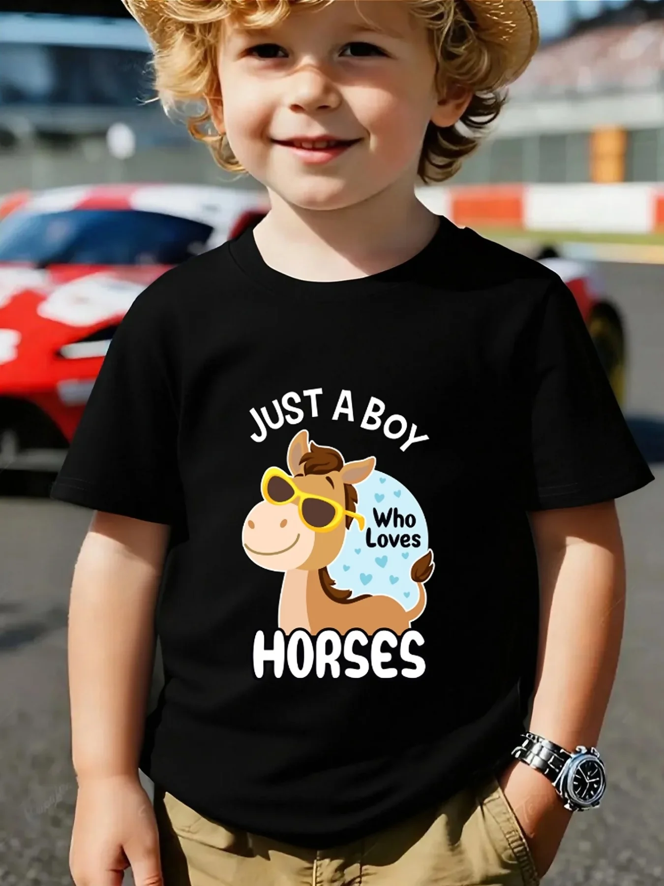 Just A Boy Who Loves Horses Print Family Matching Short Sleeve Tee Boys Girls Kids Casual Daily Cute Animal Pattern Summer Tops