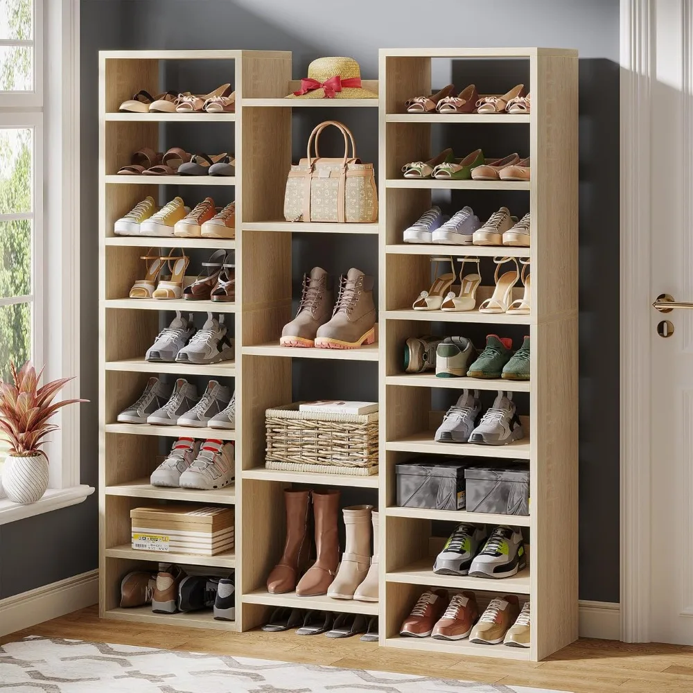 Gabinete de almacenamiento de zapatos con 22 cubículos abiertos, 46 pares de zapatos de entrada ancha, organizador, zapatero de madera de 14 niveles