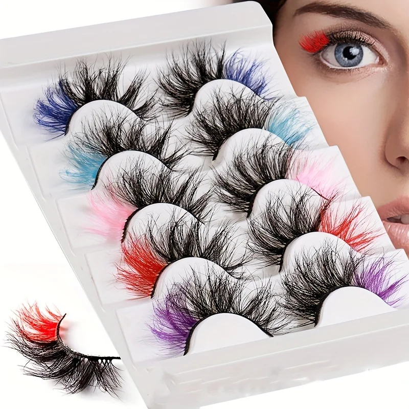 5 paar kleurrijke pluizige volledige valse wimpers, geschikt voor toneelfeesten, felle kleuren, licht en comfortabel