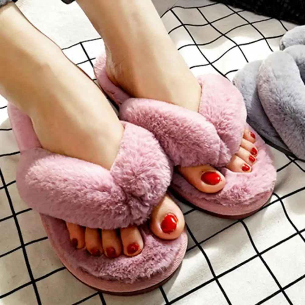 1 Pair Plush Women Slippers Thicken Furry Soft Warm Practical Winter Thermal Flip Flops for Home Indoor