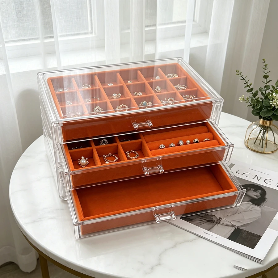 Orange 18+9+Empty Drawer Multi-layer Jewelry Storage Box for Securely Organizing Ear Rings, Necklace Accessories with Multiple D