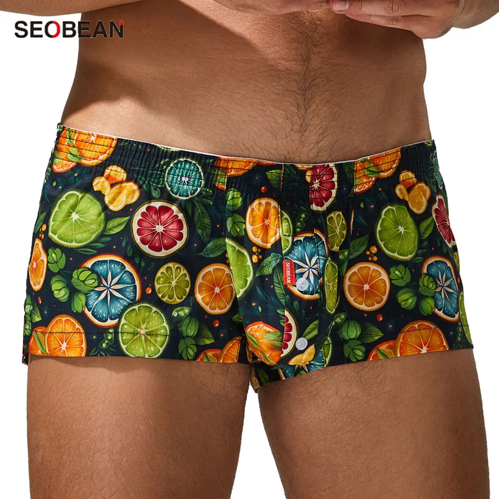 SEOBEAN Men's 100% Cotton Plaid Boxer Briefs Graffiti Pajama Shorts Home Lounge Underwear Male Sleepwear Comfortable Boxers