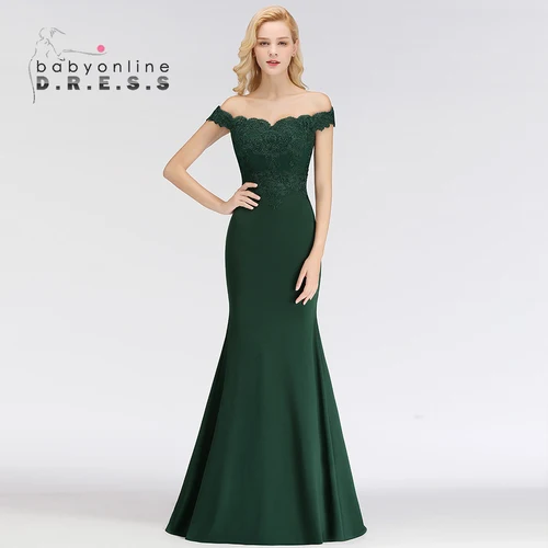 Imagen 2 del producto Vestidos de dama de honor con apliques dorados y brillantes para mujer, vestidos largos de sirena con hombros descubiertos, vestidos de línea A para fiesta de invitados de boda