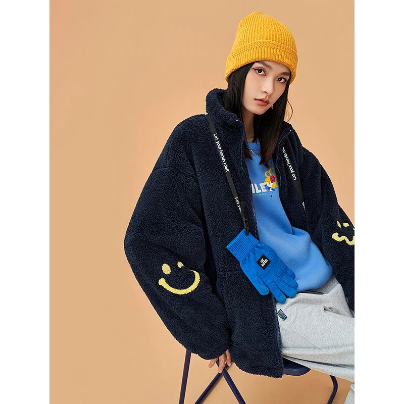 Toyouth Women Imitation Lamb Fleece Coat 2023 Winter Long Sleeve Stand Collar Loose Jacket Smiling Face Fashion Warm Outwear