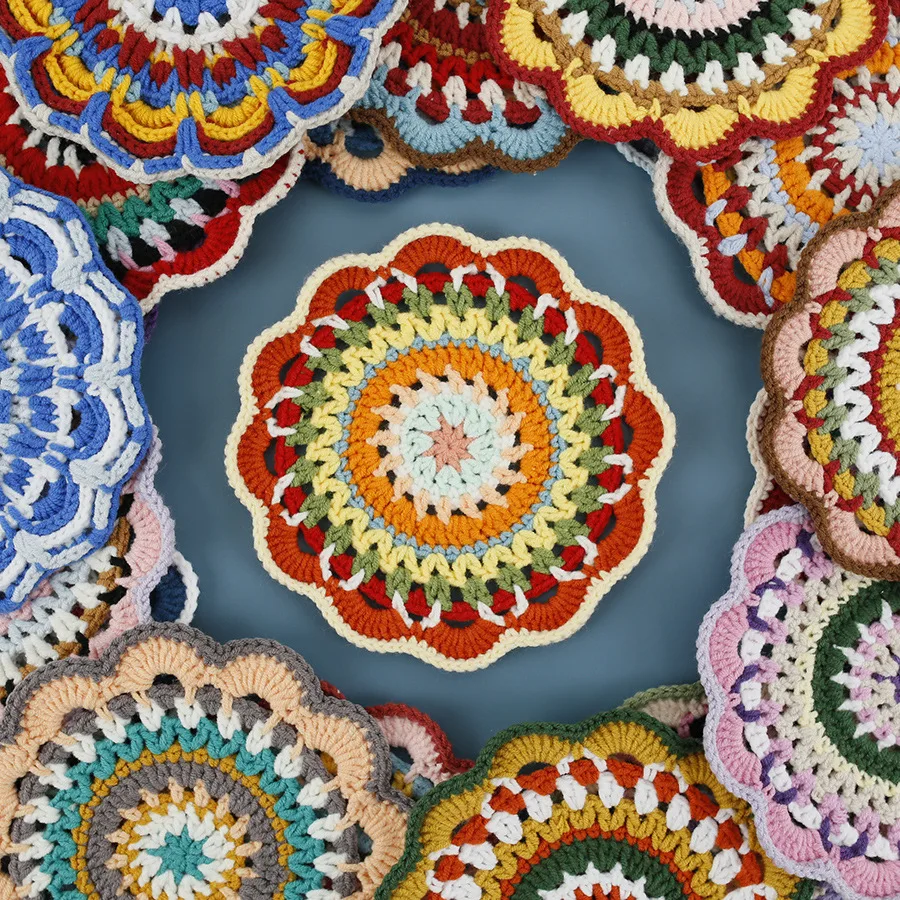 

Bohemian Handmade Woven Colorful Coasters Yarn Crochet Artistic Decorative Home Accessories Round Mats Finished Products