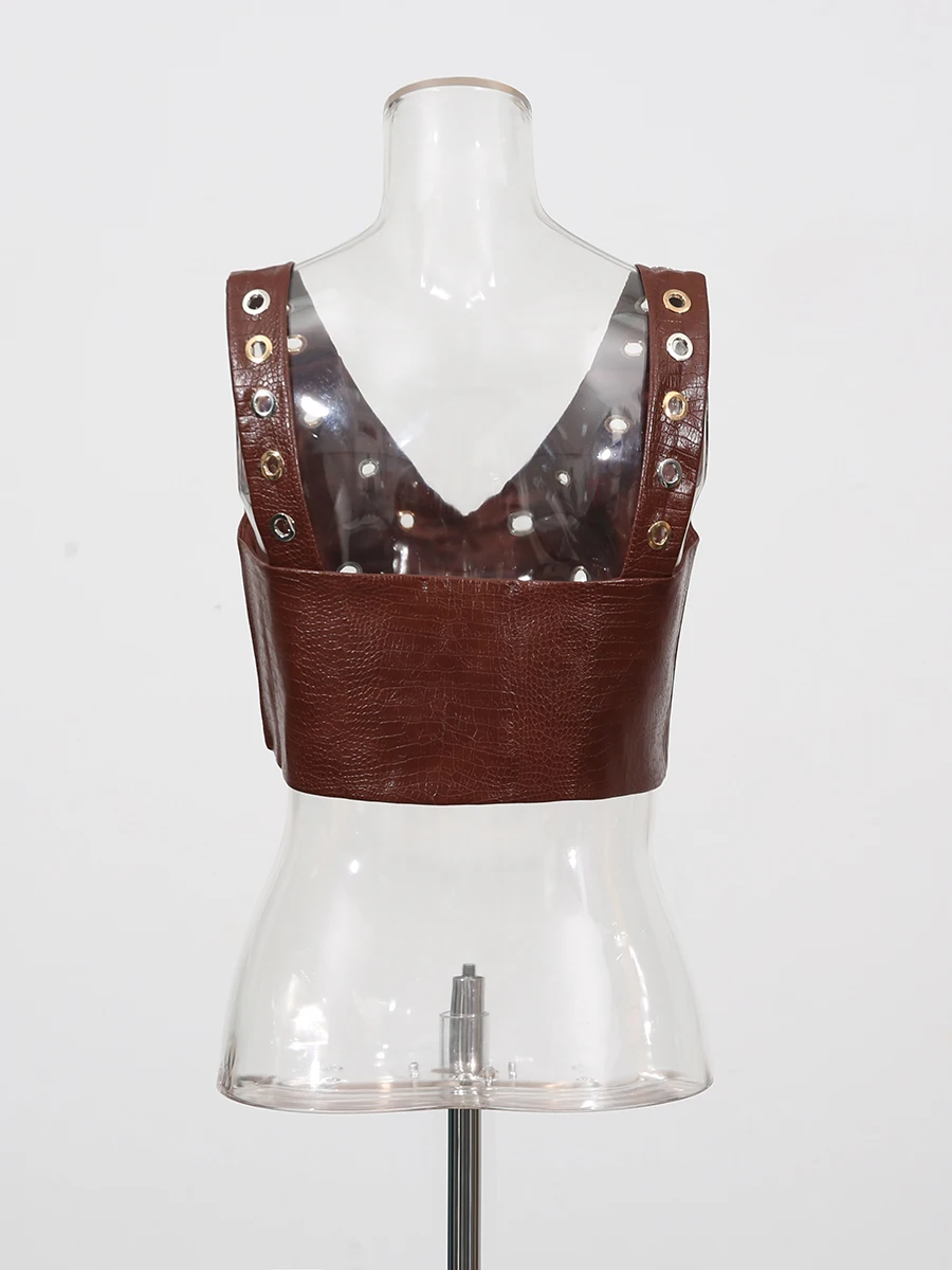 TWOTWINSTYLE Solid Hollow Out Spliced Metal Ring Two Piece Sets for Women V Neck Sleeveless Vest High Waist Pant Set Female New