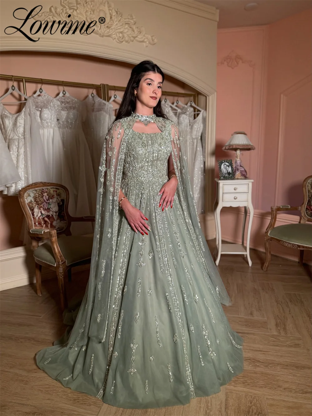 Elegant Sage Green Muslim Caftan Evening Formal Dresses with Cape Glitter Beading Customized Saudi Arabic Prom Gowns Party Dress