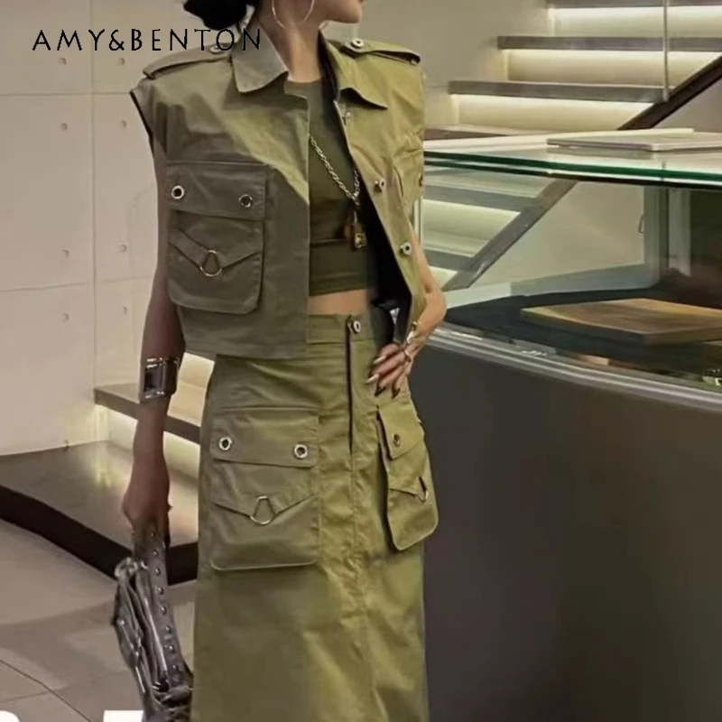 

American Hot Girl Tooling Wind Long Dress Women's Suit 2026 Summer Sweet Cool Ring Big Pocket Vest Skirt Two-piece Set Ladies