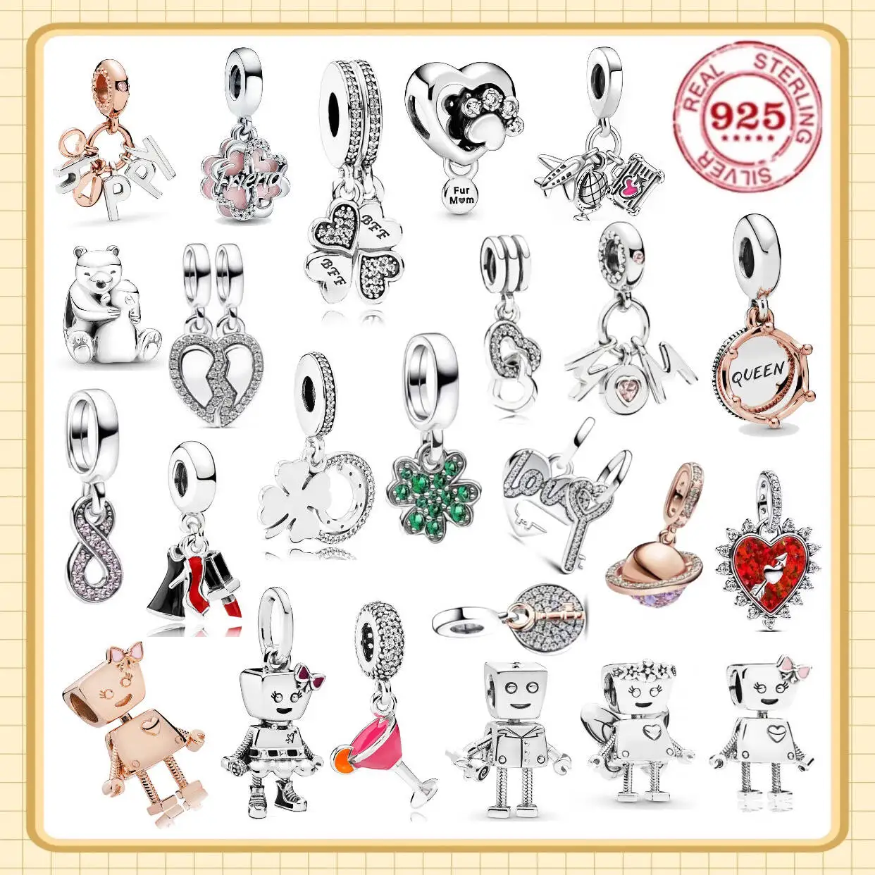 

925% Pure Silver Sparkling Series Robot Clover Bear Love Charm Pendant Women's Personalized DIY Fine Jewelry Mother's Day Gift
