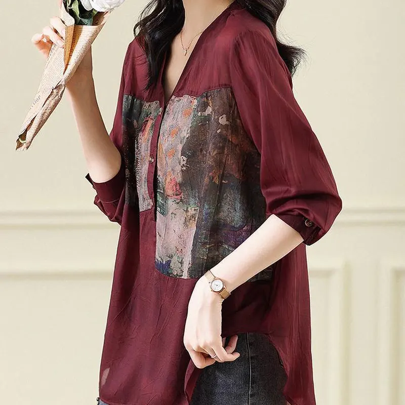 Fashion Loose Printed Spliced Blouse Burgundy Casual Commute V-Neck Button Women\'s Clothing Korean 2023 Spring Long Sleeve Shirt