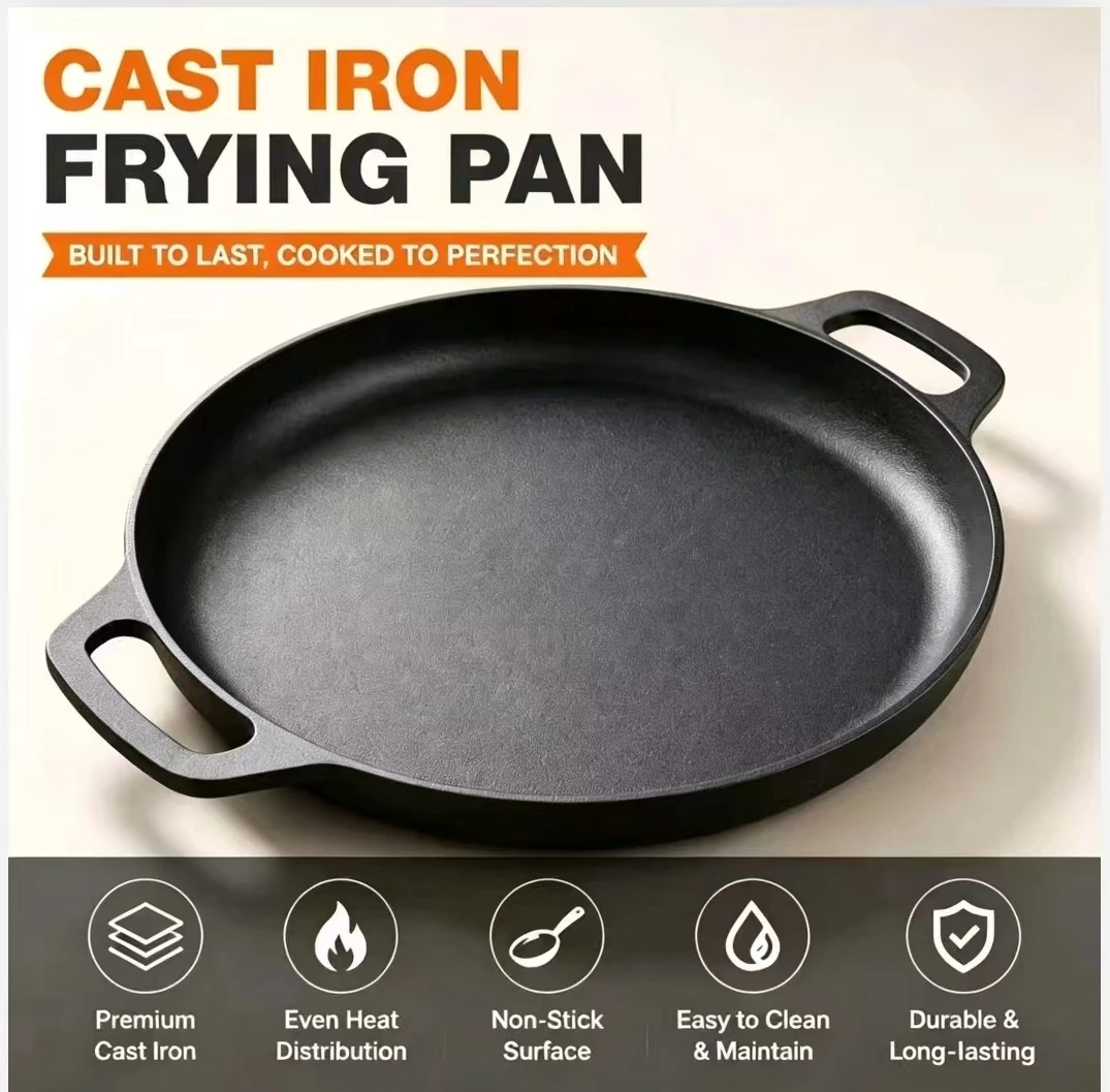 Double Handles Cast Iron Skillet Multifunctional Round Griddle Pan Indoor Kitchen Outdoor Camping Cookware