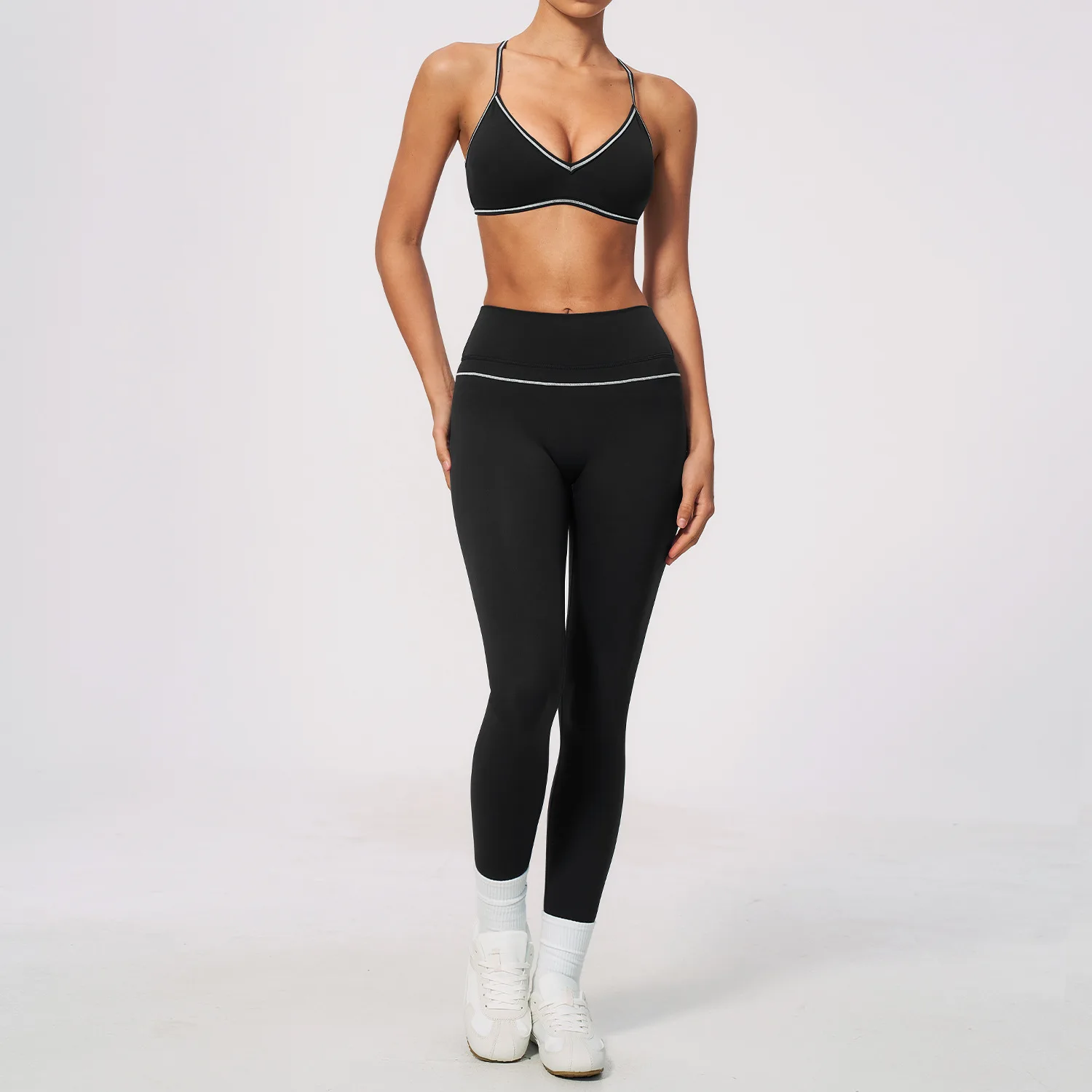 Women 2 Piece Yoga Set V Neck Longline Crop Top and V Back Leggings Butt Lifting Workout Gym Suit Contrast Piping Activewear Set