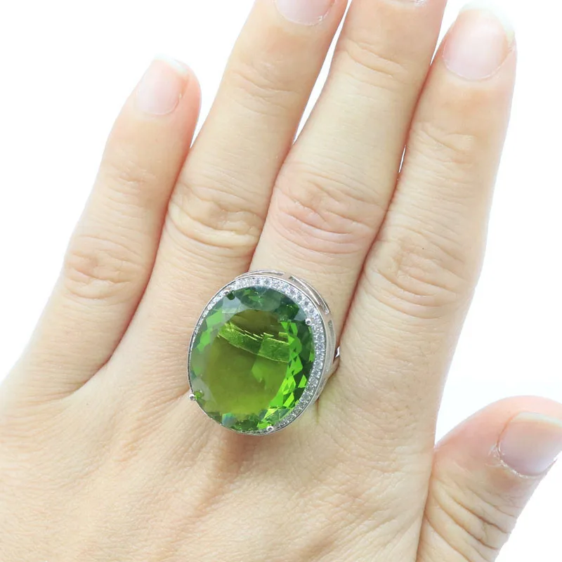 Buy 4 Get 1 Free 34x21mm Hot Selling Big Oval Delicate Fine Cut Green Peridot Cz Women Dating Silver Pendant Ring