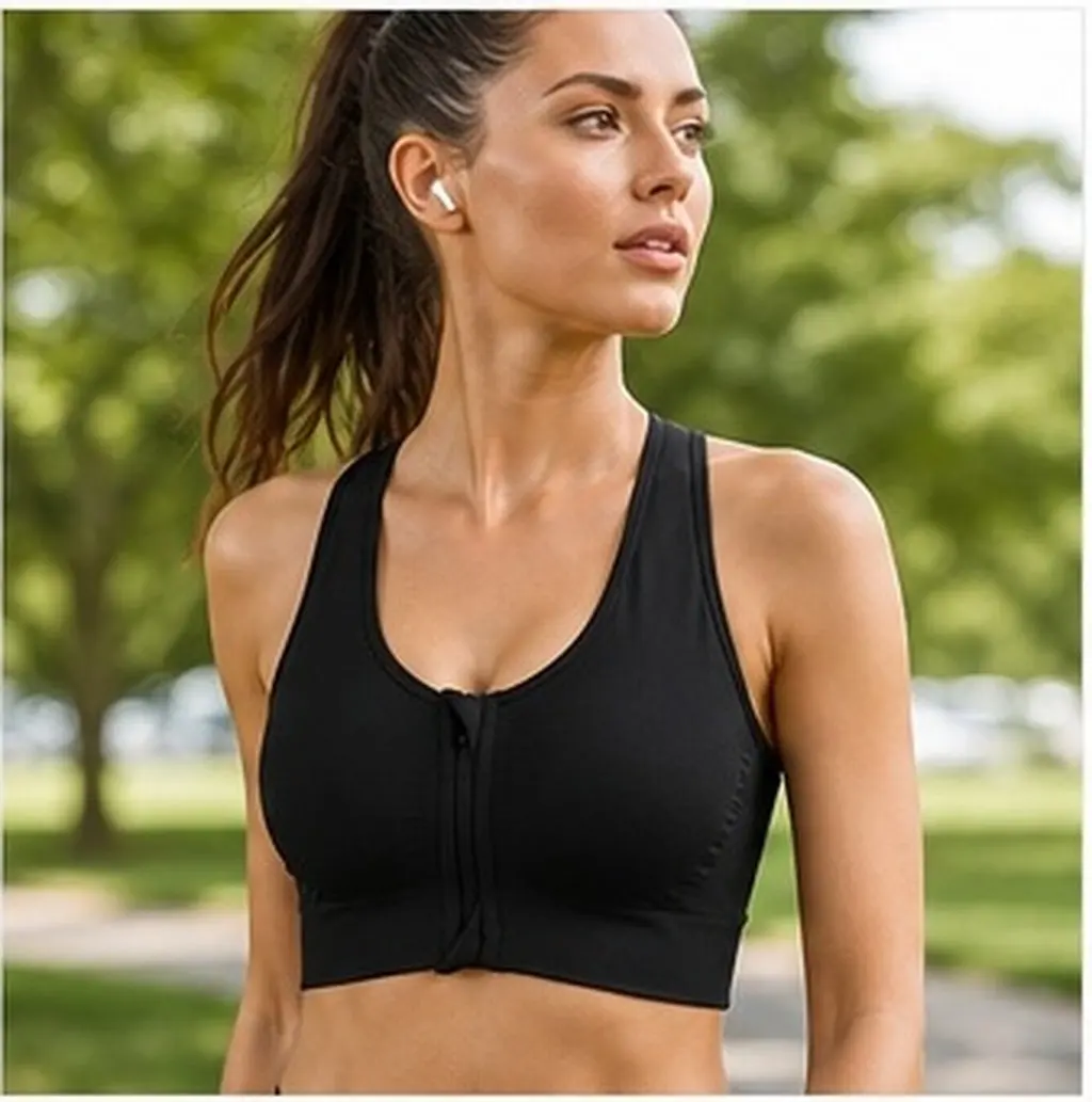 Front Zipper Sports Bra Black Size M No Steel Ring Shockproof Breathable Running Yoga Fitness High Impact Padded