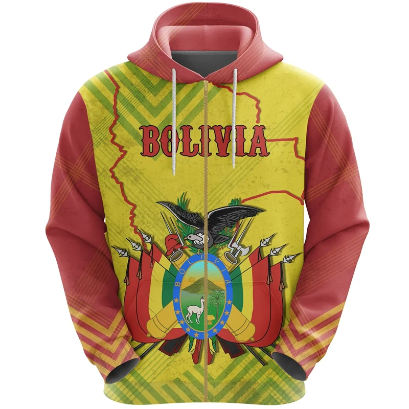 3D Printed Men\'s Bolivia Flag Hoodie Long Sleeve Casual Zipper Jacket Sweatshirt Sportswear For Men Women Pullovers Hoodies 2024