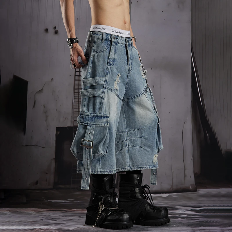 LUZHEN 2026 New Vintage Style Multi Pockets Ribbon Patchwork Design Straight Denim Cropped Trousers Men's Fashion Jeans JY8786
