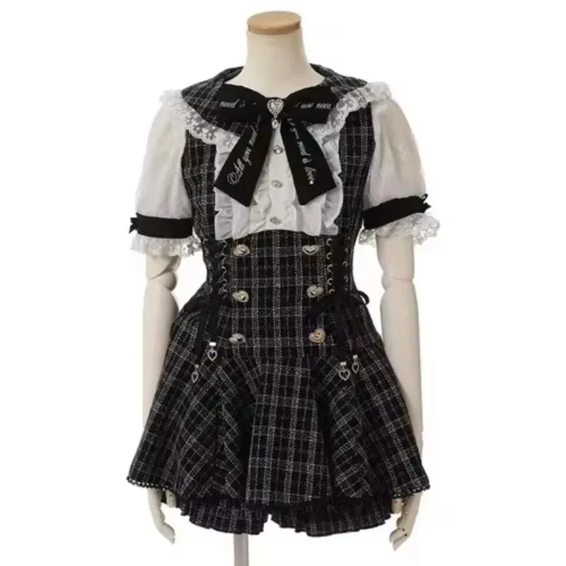 New Sweet Doll Collar Bow Shirt Dress Two Piece Set,Short Sleeve Top & Shorts Suit for Women Harajuku Daily Casual Lolita Outfit