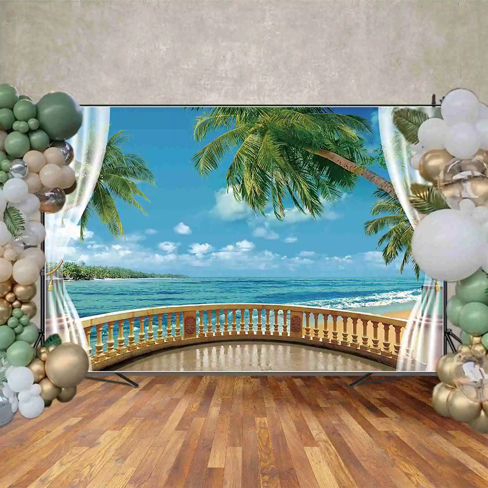 Moon.qg ฤดูร้อนสีฟ้าชายหาดพื้นหลังวันเกิดผู้ใหญ่ผู้หญิงต้นปาล์มใบฉากหลังริมทะเลงานปาร์ตี้ที่กำหนดเอง