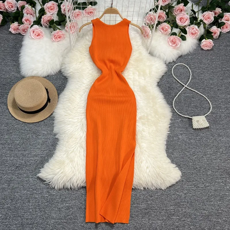 YuooMuoo Women Dress 2024 Summer Fashion Two Sides Available Knitted Bodycon Dress Elegant Split Long Party Vestidos Robe Femme